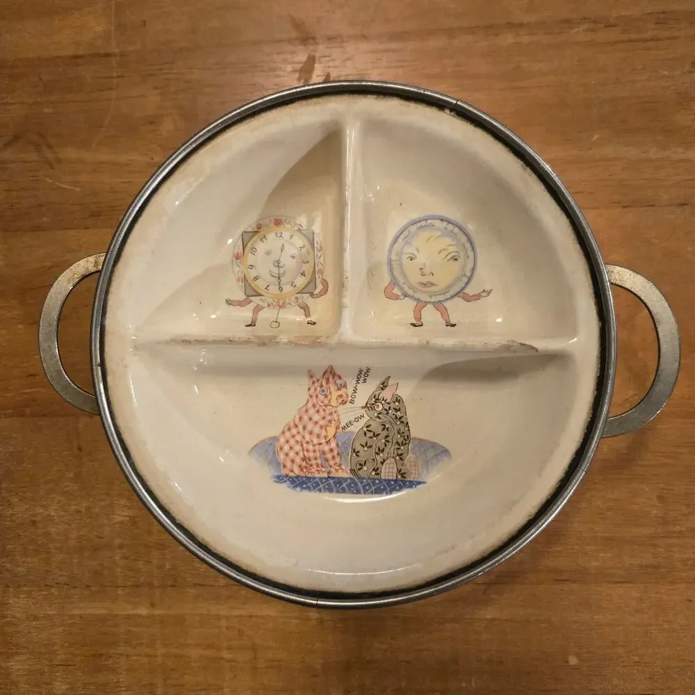 Vintage Excello Baby Food Warming Dish Cats Clocks Moon Divided Ceramic Plate